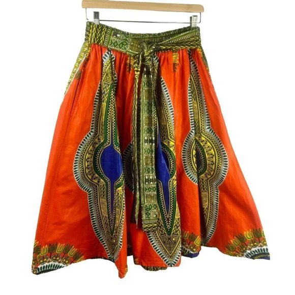 African Kente Dashiki Midi Skirt Women One Size Orange Elastic Waist Full A Line - Picture 1 of 5